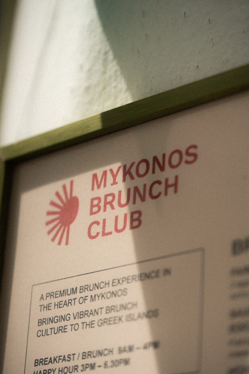 Cobblestone street terrace in Mykonos Town Chora in the morning