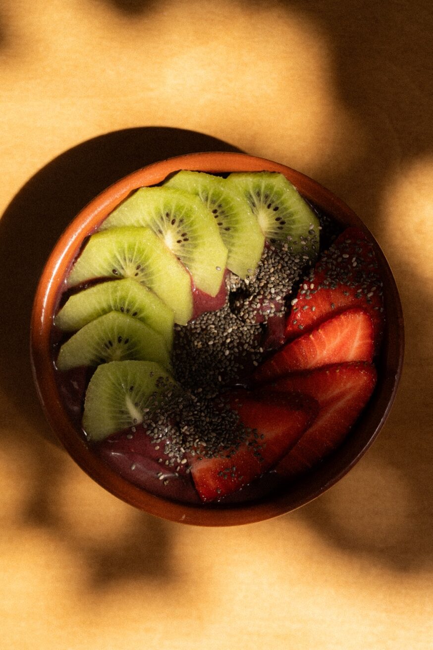 Summer acai bowl with kiwi, strawberry and chia seeds at Mykonos Brunch Club