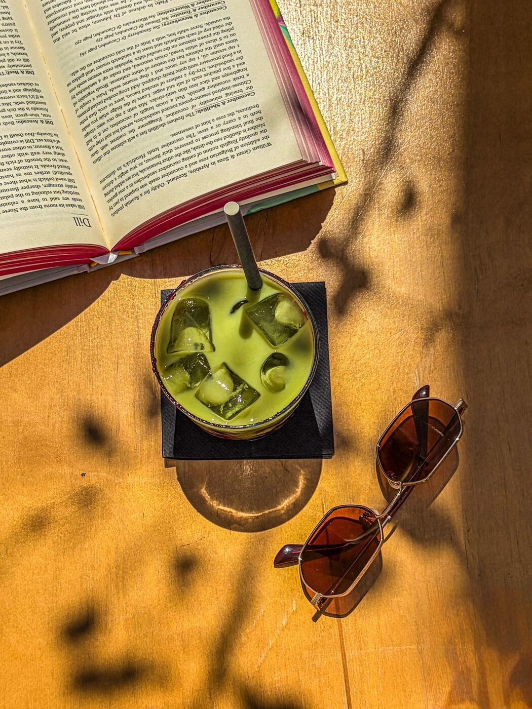 Iced ceremonial grade matcha latte overhead shot at Mykonos Brunch Club Mykonos Town