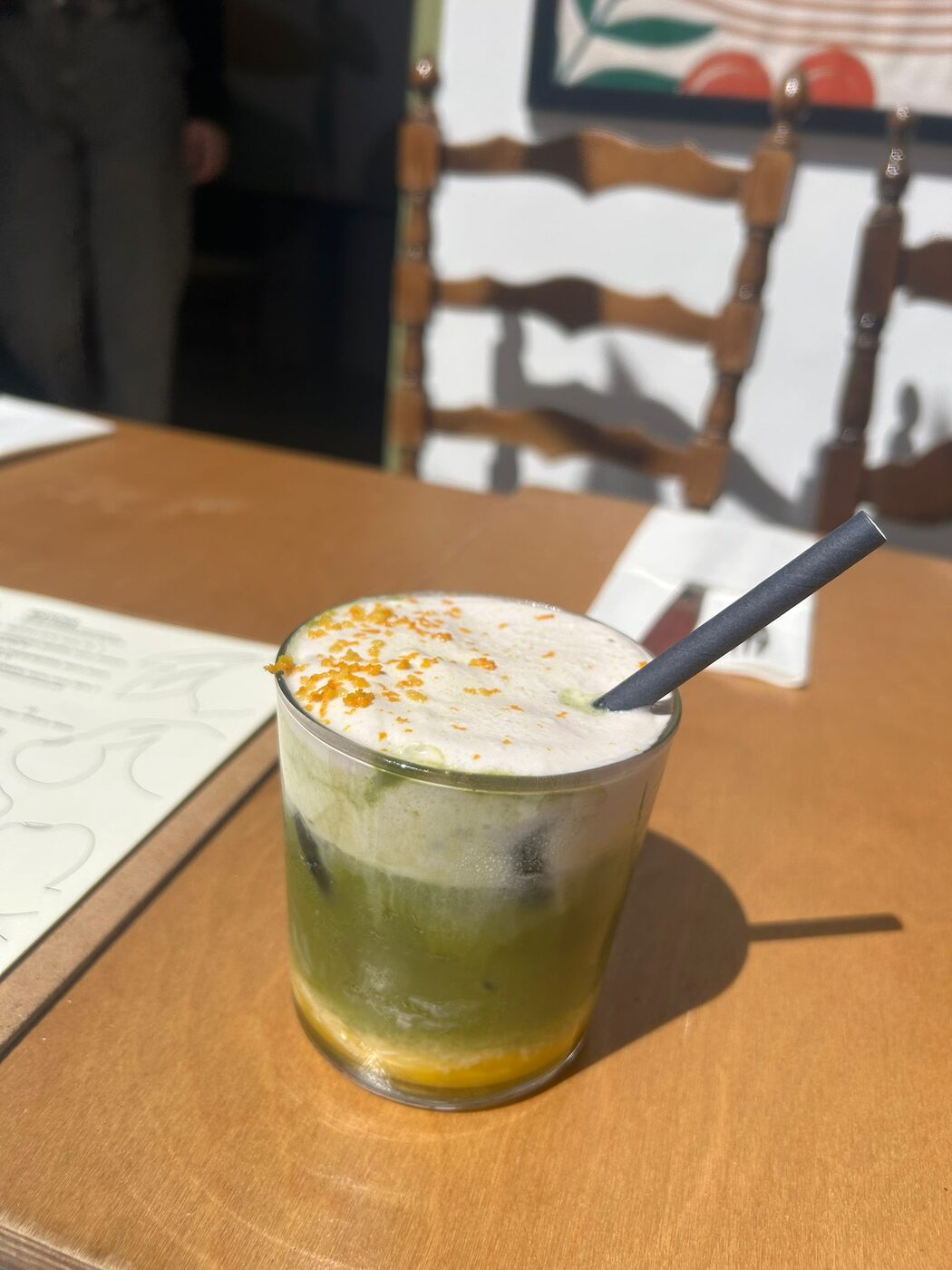 Lavender Orange Juice Matcha with cream layer and orange zest at Mykonos Brunch Club Mykonos