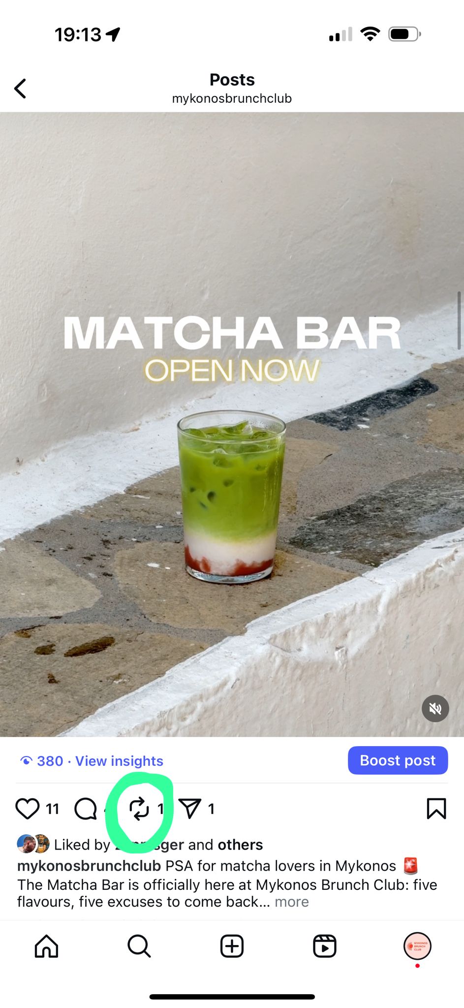 Iced ceremonial grade matcha at the Mykonos Brunch Club matcha bar