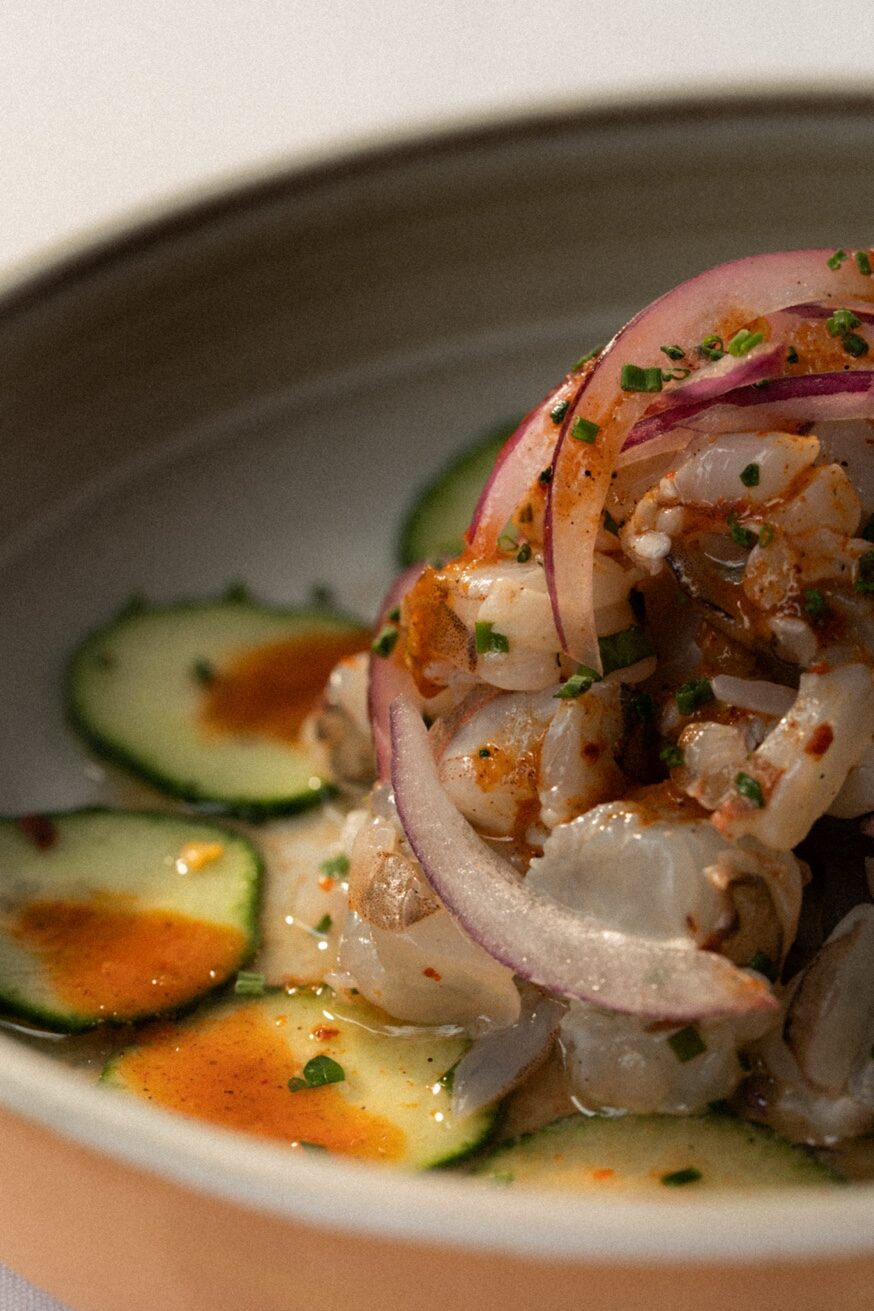 Aegean ceviche with cucumber and red onion at Pūblico Restaurant Mykonos