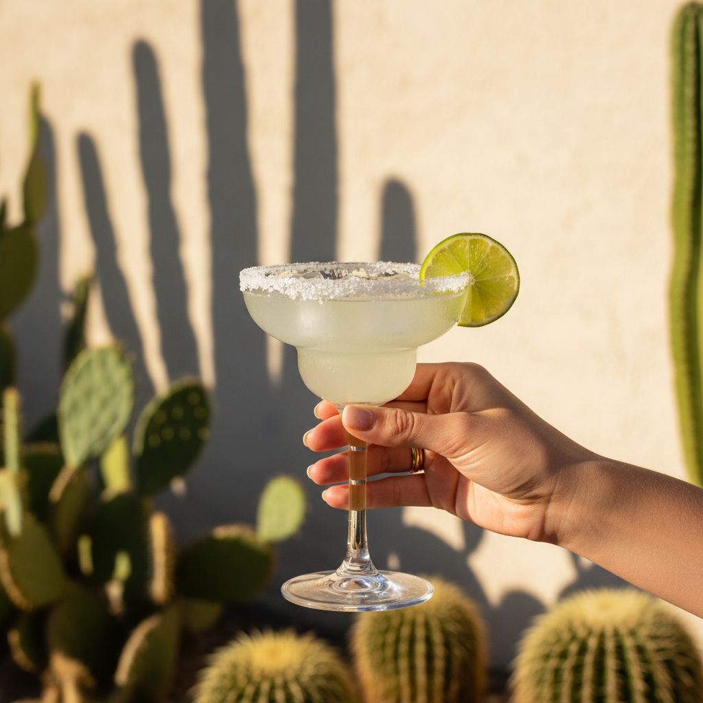 Classic margarita with salt rim and lime held against cactus at Pūblico Mezcaleria happy hour Mykonos