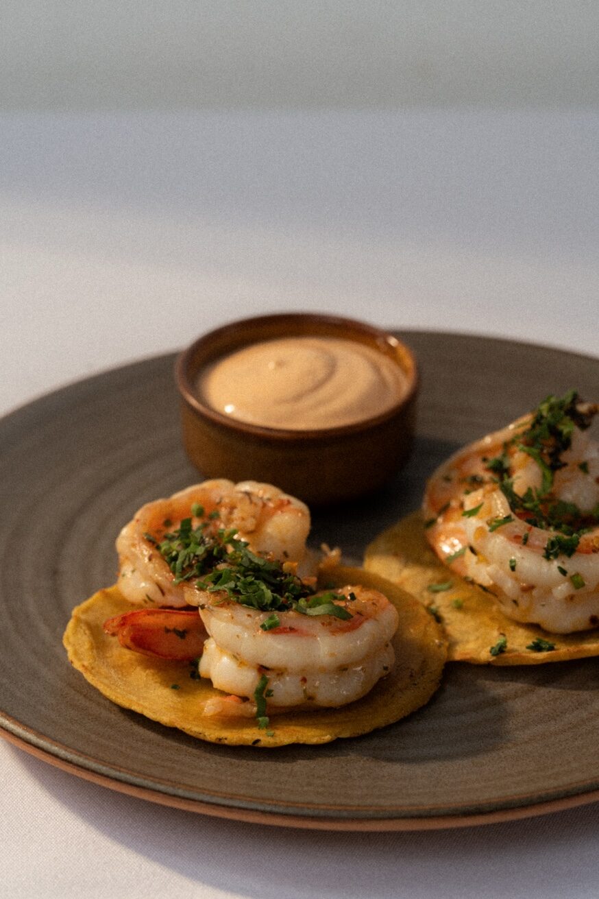 Shrimp tostadas with chipotle dip at Pūblico Mexican restaurant Mykonos
